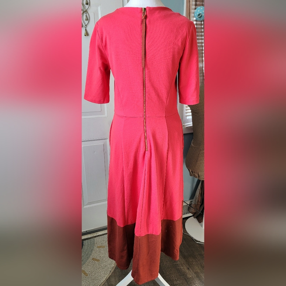 Boden Wren Ponte Jersey Knit Midi Dress Womens 8 Pop Peony & Brown High-Low Heam - Picture 5 of 14